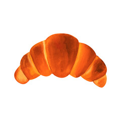 Wheat French croissant bread with sourdough, watercolor illustration. For prints on textile and paper, clothes, plates and dishes design, decoration for kitchen, restaurant menus, recipes, cookbook