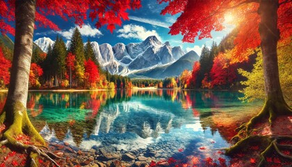 Autumn Lake with Vibrant Foliage and Mountains