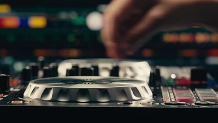 Vibrant DJ Mix Performance Closeup view of hands and equipment during a live music performance, city event, dj set in music techno club