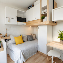Contemporary Design for a Compact Studio Apartment, Stylish Bedroom and Kitchen in a Small Space