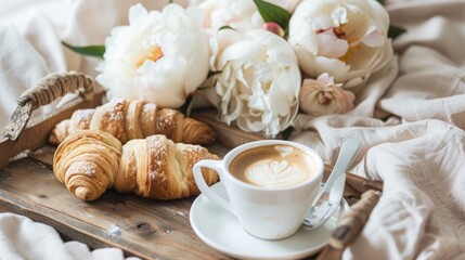 Coffee and croissant on a wooden plate, boho decor