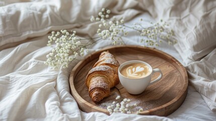 Coffee and croissant on a wooden plate, boho decor