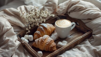 Coffee and croissant on a wooden plate, boho decor