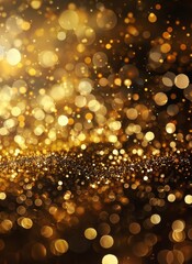 A background of golden glittering particles with bokeh lights