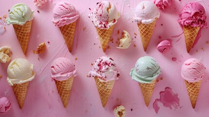 Cones ice creams with fruits, summer dessert background 