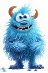 A cute smiling fluffy monster with blue fur on a white background