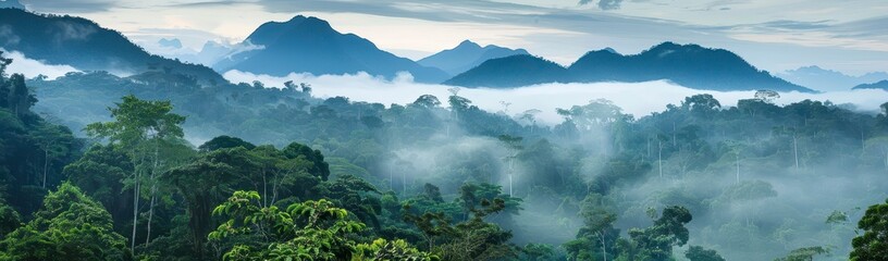 A panoramic view of the amazon rainforest with mist rising from its tree tops and mountains in background