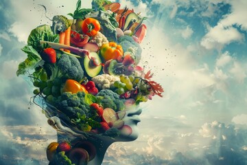 A surreal and artistic representation of human head made of vegetables and fruits, blending into cloudy sky background. fusion of nature and imagination in food art, creative concept of nutrition
