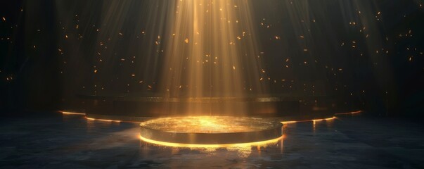 A podium illuminated with golden light surrounded by a dark background