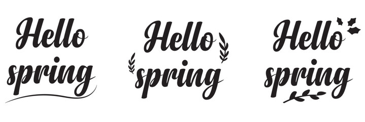 Hello spring calligraphy lettering isolated on white. Inspirational seasonal quote typography poster. Hand written logo design. Vector illustration. Easy to edit template for banner, flyer, badge