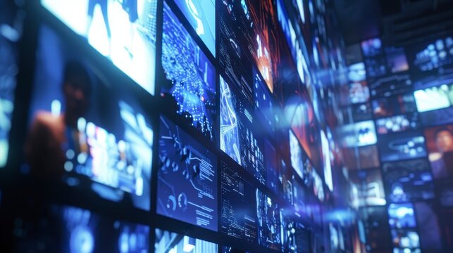 A wall of digital screens displaying various video content