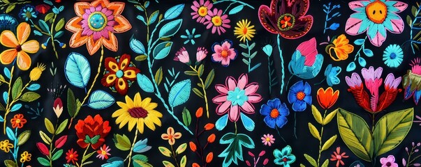 colorful,bright flowers and leaves in the pattern of Mexican art on a black background