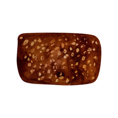 Rye whole grain loaf bread with sourdough, watercolor illustration. For prints on textile and paper, clothes, plates and dishes design, decoration for kitchen, restaurant menus, recipes, cookbook