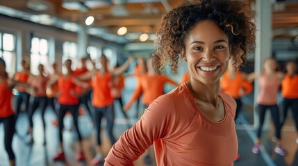 content fitness instructor in a dynamic gym, leading a class with energy and enthusiasm, surrounded by motivated clients and modern fitness equipment, reflecting joy in promoting health