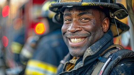 joyful firefighter at a fire station, preparing equipment with a team, embodying camaraderie and dedication, and showcasing pride and happiness in serving the community