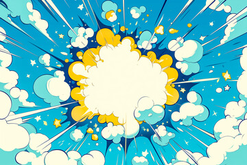 Colorful Cartoon-Style Comic Book Explosion with Clouds, Stars, and a Dynamic Burst