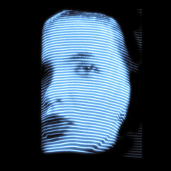 Fantasy, sci-fi and technology concept. Digital beautiful woman face silhouette overlaid with neon glowing blue stripes creating a mysterious mood. Grain and glitch effect applied © Rytis