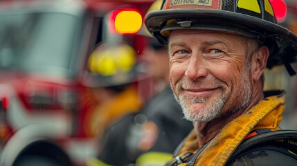 joyful firefighter at a fire station, preparing equipment with a team, embodying camaraderie and dedication, and showcasing pride and happiness in serving the community