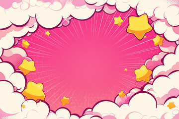 Cute Cartoon Comic Style Background with a Pink and Yellow Starry Sky, Clouds, and Halftone Effects