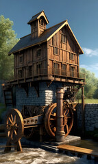 Fototapeta premium An old wooden watermill by the river