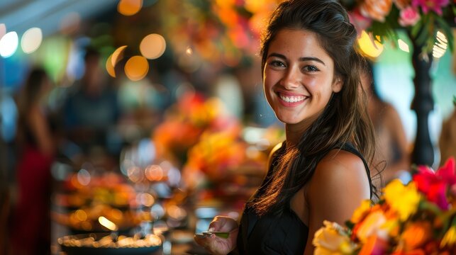 cheerful event planner in a decorated venue, coordinating details with a smile, enjoying the vibrant and creative atmosphere, reflecting satisfaction and enthusiasm for organizing memorable events