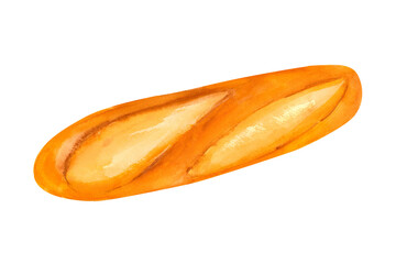 Wheat baguette bread with sourdough, watercolor illustration. For prints on textile and paper, clothes, plates and dishes design, decoration for kitchen, restaurant menus, recipes, cookbook