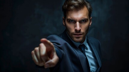 Fototapeta premium Confident businessman pointing forward with authority, dark background, sharp focus on hand and face, emphasizing leadership qualities, photo realistic