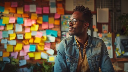 Fototapeta premium joyful marketer in a vibrant office, brainstorming ideas with a team, surrounded by creative materials and modern technology, embodying passion and enthusiasm for innovative campaigns