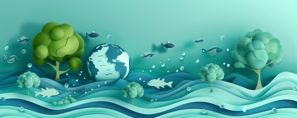 paper cut art with trees and fish in the ocean and a globe