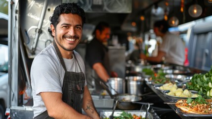 joyful chef in a bustling food truck, preparing gourmet street food with a smile, surrounded by fresh ingredients and happy customers, embodying a passion for culinary creativity and customer