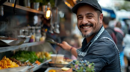 joyful chef in a bustling food truck, preparing gourmet street food with a smile, surrounded by fresh ingredients and happy customers, embodying a passion for culinary creativity and customer