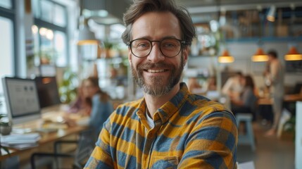 Obraz premium cheerful IT specialist in a modern office, solving technical issues with confidence and a smile, surrounded by advanced technology and a collaborative team, reflecting satisfaction in problem-solving