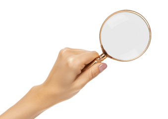 female hand holding magnifying glass clipping path