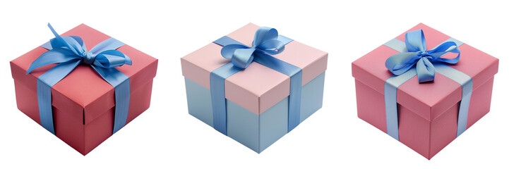 Fototapeta premium Set of A red gift box with a blue ribbon held by a child's hands 