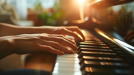 Playing the Piano: Hands playing a beautiful melody on a grand piano in a well-lit living room.
