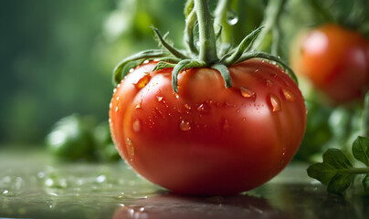 ripe tomatoes weigh on the stalk, after the rain.
