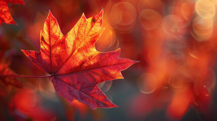 Stunning red maple leaf glows in the setting sun, capturing autumn's vibrant colors and warmth. Evoking feelings of growth and nature's beauty in october, september, or november