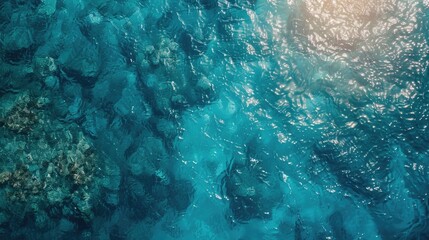 Top down perspective of the ocean during summer showcasing a clear blue surface with shimmering sunlight reflections and visible coral formations below