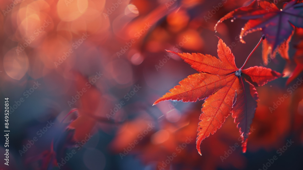 Poster single red maple leaf hanging from a tree branch with a blurred autumn background
