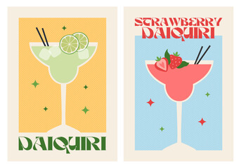 Poster drink set. Cocktail arts. Retro posters with alcohol cocktails. Daiquiri. Strawberry daiquiri. 90s 80s 70s groovy posters. Modern trendy print. Drink with fruit and ice.