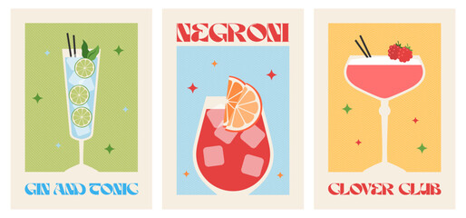 Poster drink set. Cocktail arts. Retro posters with alcohol cocktails. Negroni. Clover Club. Gin and tonic. 90s 80s 70s groovy posters. Modern trendy print. Drink with fruit and ice.
