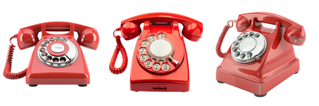 Set of  A retro red landline phone with a handset next to a rotary dial "A retro red landline phone with a handset” isolated on transparent background
