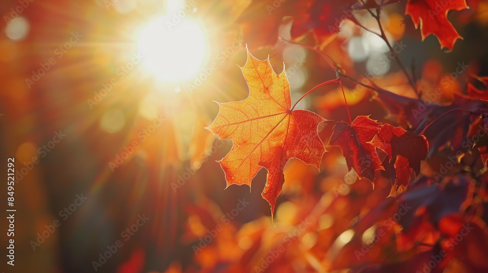 Poster sunlight shining through red maple leaves on a tree branch during a beautiful autumn day