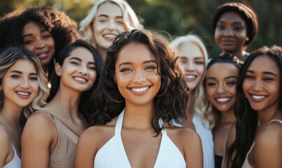 Fototapeta premium Group of diverse multiracial and multi ethnic smiling woman posing in a studio
