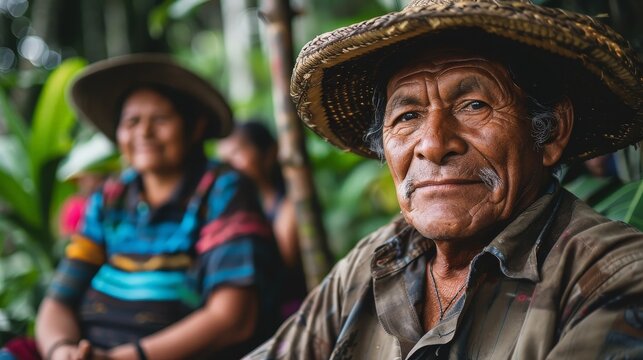 Close-up of indigenous man in rainforest wearing straw hat, exuding warmth and wisdom. Image celebrates cultural heritage
