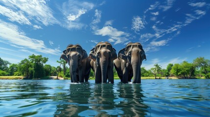 Front view of a family of elephants drinking water