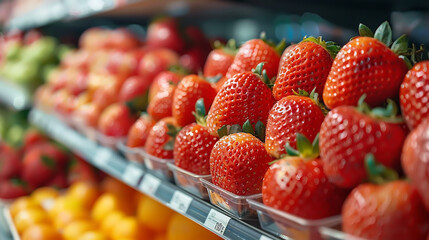 Fresh Strawberries Display in Grocery Store - Perfect for Food Decor, Ads, Posters
