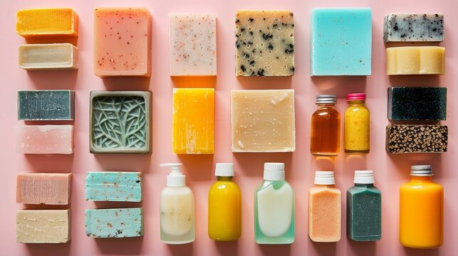 A selection of various soaps, lotions, and liquid products, including different colors and textures, are arranged in rows on a pink background