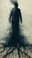 Fototapeta premium Surreal Businessman with Roots Concept Art - Dark, Mysterious Design for Posters and Graphics