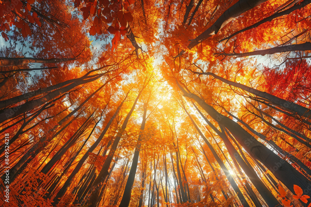 Poster sunlight shining through a canopy of tall trees with colorful golden autumn leaves in a low angle vi